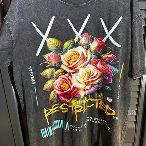 Restricted Acid wash gray Graphic Tee with Floral Design